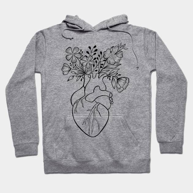 Floral Human Heart Anatomy | Line Art Hoodie by Lizzamour